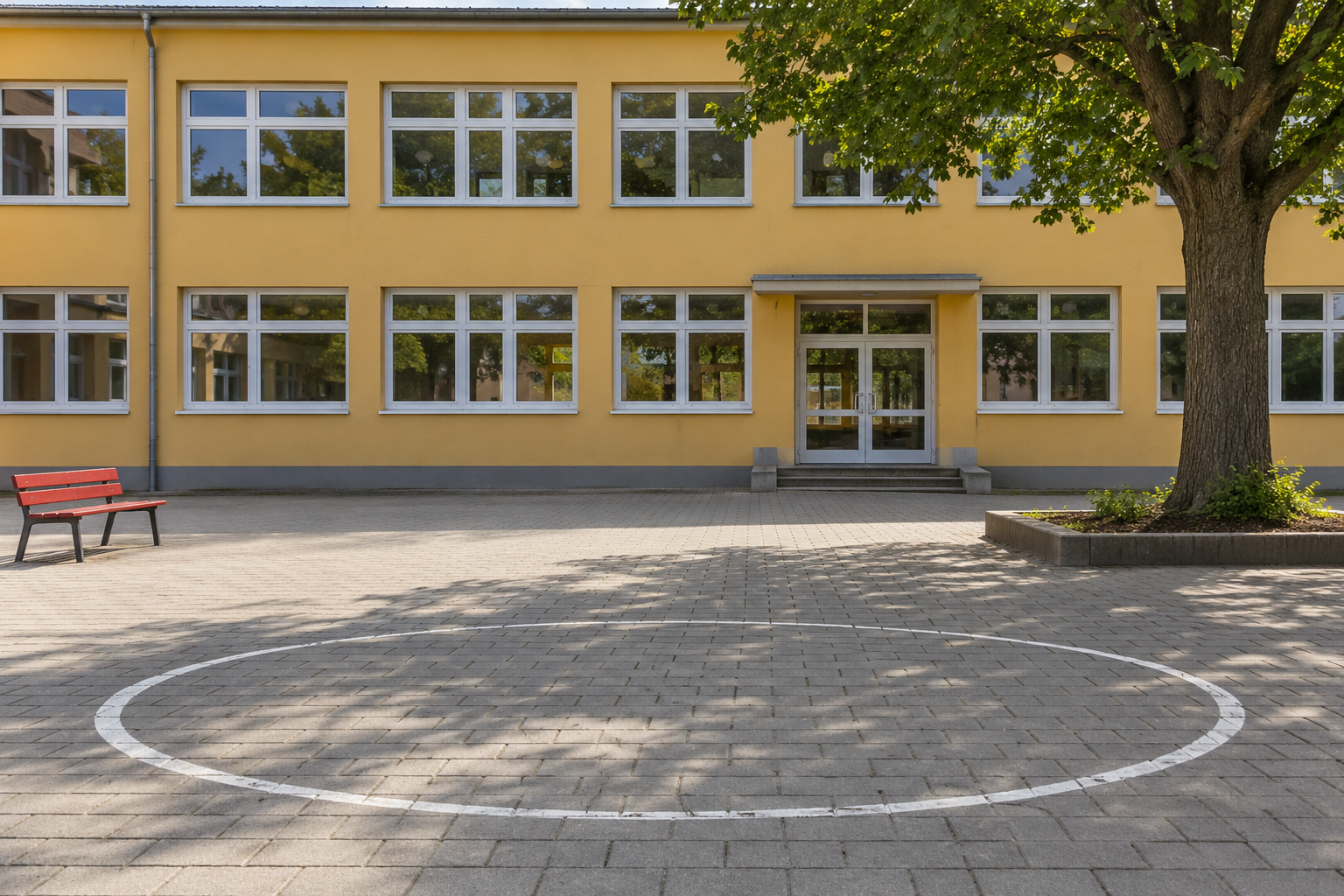 Fiktiver Schulhof vom Boden aus: gelbe zweigeschossige Fassade, rote Bank links, Baum rechts und weiße Kreismarkierung im Vordergrund.